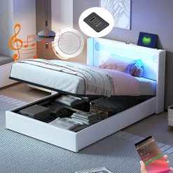Generique Lit enfant, 90x200cm, PU, LED, USB, Bluetooth, coffre, sommier, beige