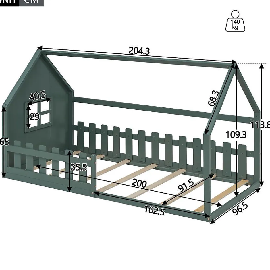 Blackcolors Lit Enfant 90x200cm Rebord Maison Vert Sale