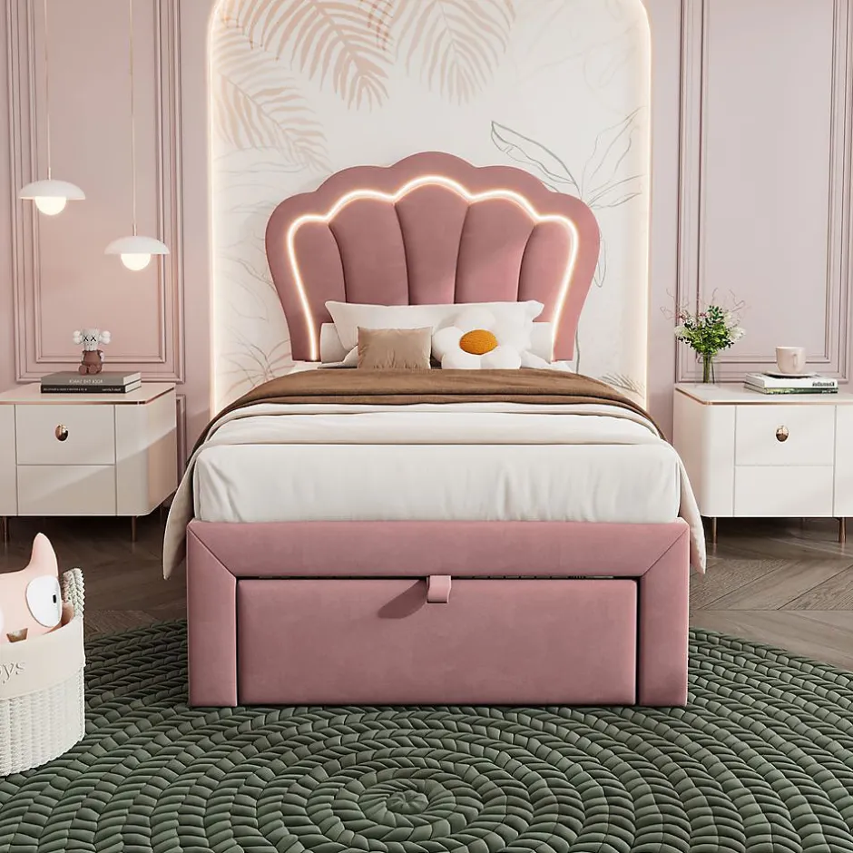 Blackcolors Lit Enfant 90x190cm Tiroirs APP-Control LED Velours Rose Clearance