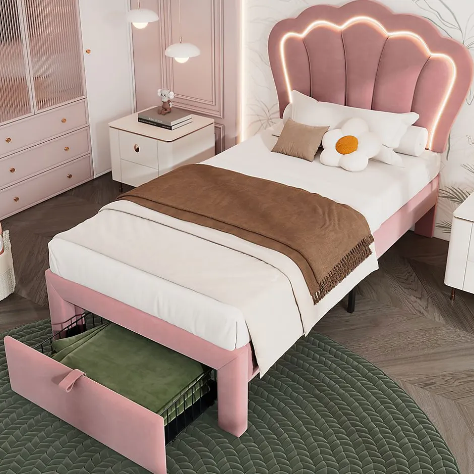 Blackcolors Lit Enfant 90x190cm Tiroirs APP-Control LED Velours Rose Clearance