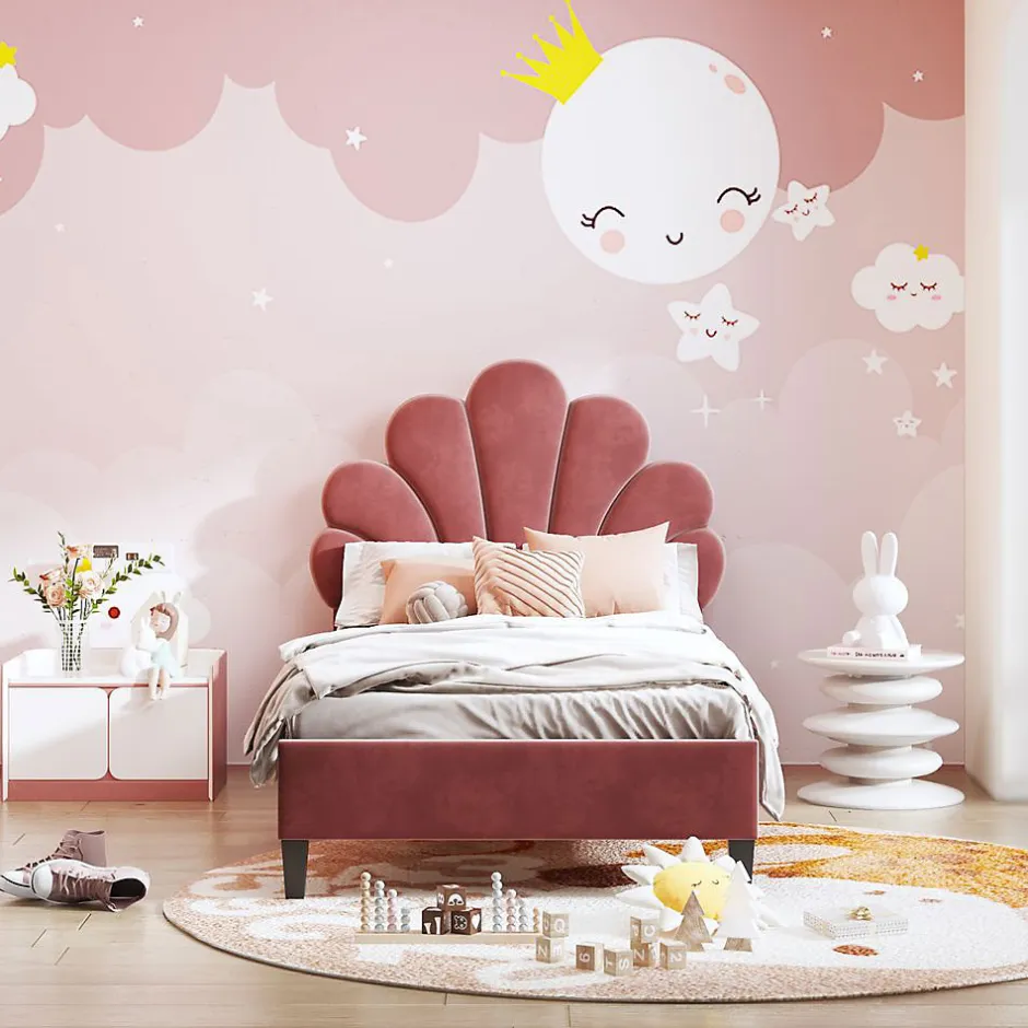 Blackcolors Lit Enfant 90x200cm Tête Fleurs Velours Rouge Haricot