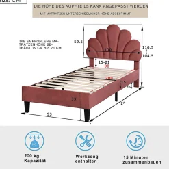 Blackcolors Lit Enfant 90x200cm Tête Fleurs Velours Rouge Haricot