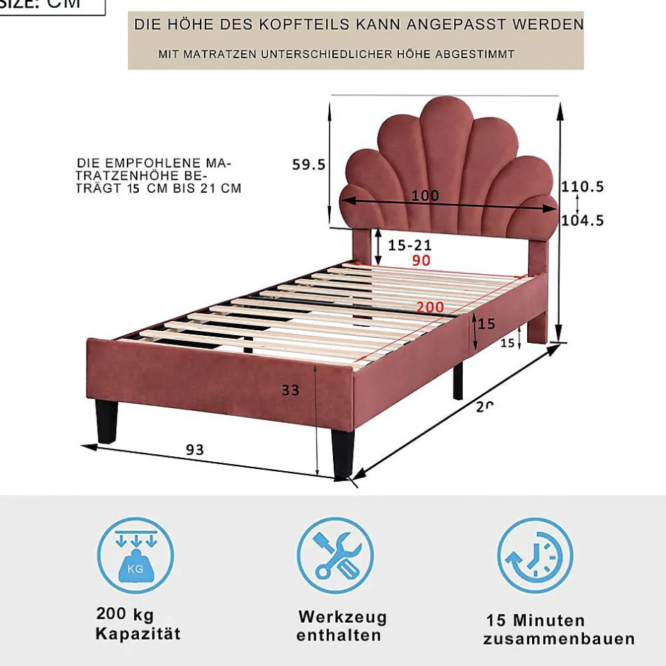 Blackcolors Lit Enfant 90x200cm Tête Fleurs Velours Rouge Haricot
