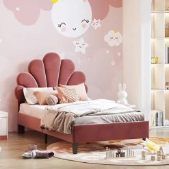 Blackcolors Lit Enfant 90x200cm Tête Fleurs Velours Rouge Haricot