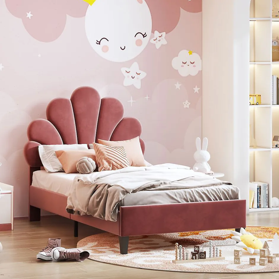 Blackcolors Lit Enfant 90x200cm Tête Fleurs Velours Rouge Haricot