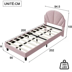 ProximaX Lit enfant/Lit capitonné 90 x 190 cm avec sommier à lattes, tête de lit et dossier réglables, velours, sans matelas, Rose Online