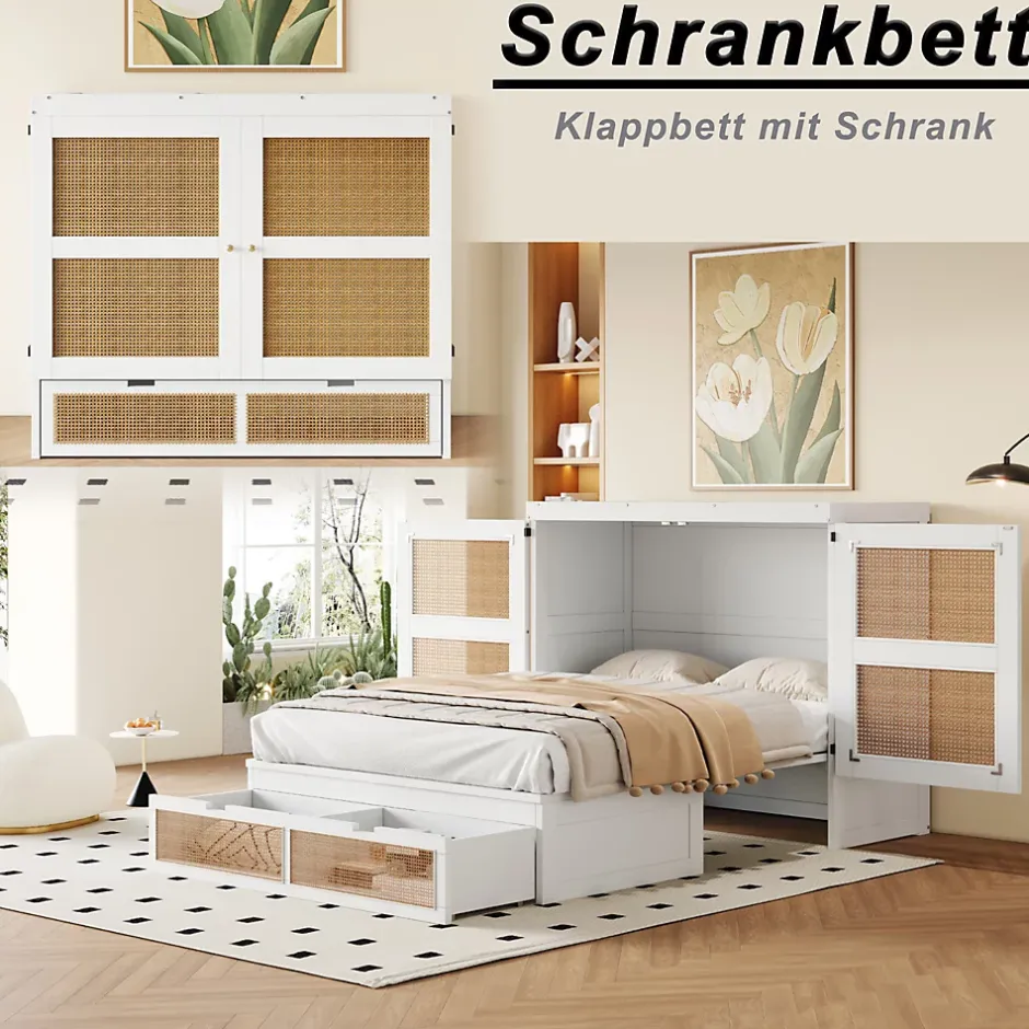 Okwish Lit Escamotable 140x200 cm - Lit Mural Vertical avec 2 Tiroirs de Rangement, Structure Bois de Pin et MDF, Sans Matelas, Blanc Online