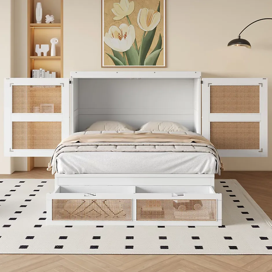 Okwish Lit Escamotable 140x200 cm - Lit Mural Vertical avec 2 Tiroirs de Rangement, Structure Bois de Pin et MDF, Sans Matelas, Blanc Online