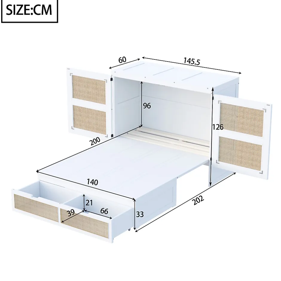 Okwish Lit Escamotable 140x200 cm - Lit Mural Vertical avec 2 Tiroirs de Rangement, Structure Bois de Pin et MDF, Sans Matelas, Blanc Online