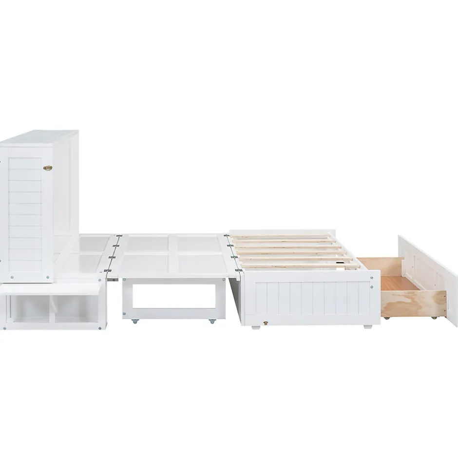 Enfant Fortuna lai Lit Escamotable 140x200cm, Avec Tiroirs, Petit Étagère, Transformable, Blanc