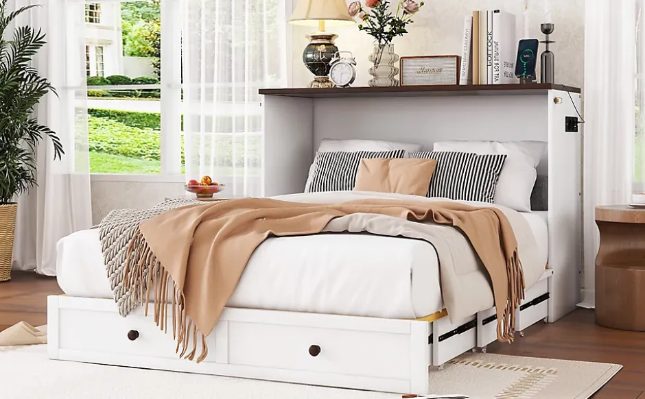 Fortuna lai Lit Escamotable 140x200cm, Tiroirs, USB, Plateforme, Sans Matelas, Blanc Best