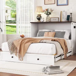 Fortuna lai Lit Escamotable 140x200cm, Tiroirs, USB, Plateforme, Sans Matelas, Blanc Best