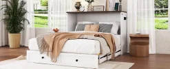 Fortuna lai Lit Escamotable 140x200cm, Tiroirs, USB, Plateforme, Sans Matelas, Blanc Best