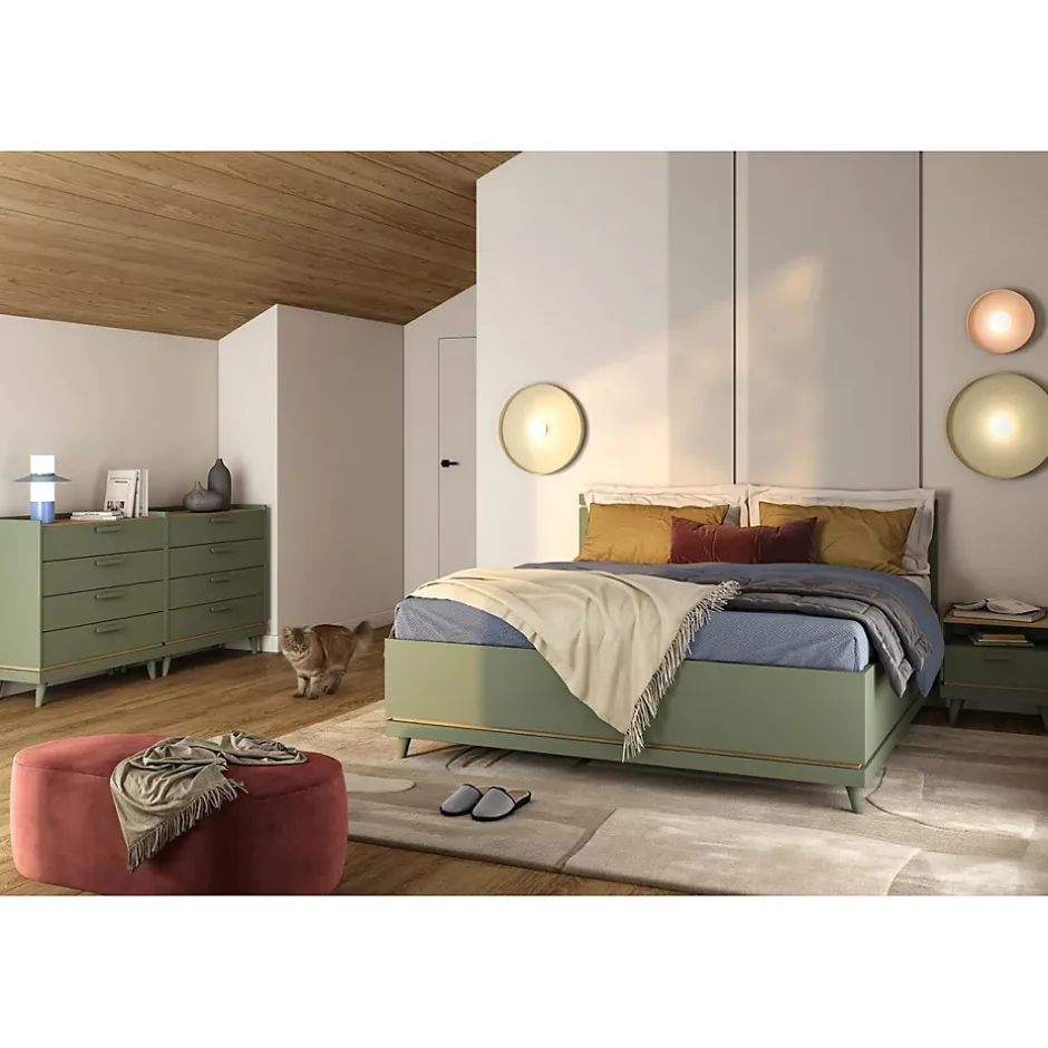 Meublorama Lit et sommier NOKI 160x200 cm vert et bois Style scandinave Clearance