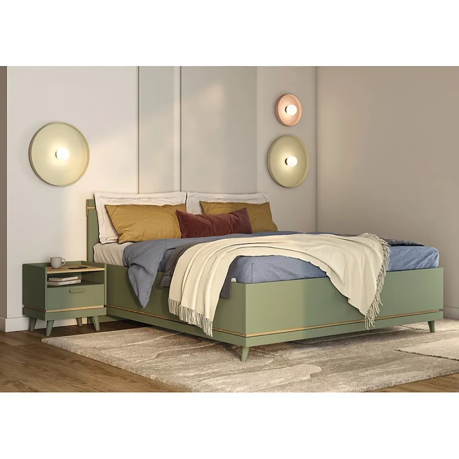 Meublorama Lit et sommier NOKI 160x200 cm vert et bois Style scandinave Clearance