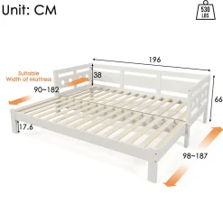 Gutent Lit extensible 90x190cm, lit de jour avec 2 places de couchage et cadre roulant, lit en forme de coeur, pin massif, blanc