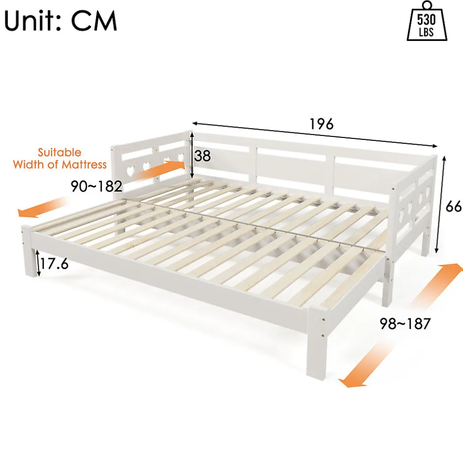 Gutent Lit extensible 90x190cm, lit de jour avec 2 places de couchage et cadre roulant, lit en forme de coeur, pin massif, blanc