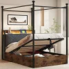 Enfant Blackcolors Lit fer forgé 90x190 cm, rangement hydraulique, baldaquin, LED/USB - noir
