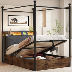 Enfant Blackcolors Lit fer forgé 90x190 cm, rangement hydraulique, baldaquin, LED/USB - noir