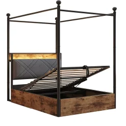 Enfant Blackcolors Lit fer forgé 90x190 cm, rangement hydraulique, baldaquin, LED/USB - noir