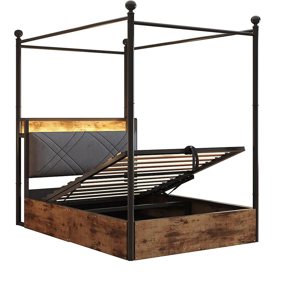 Enfant Blackcolors Lit fer forgé 90x190 cm, rangement hydraulique, baldaquin, LED/USB - noir