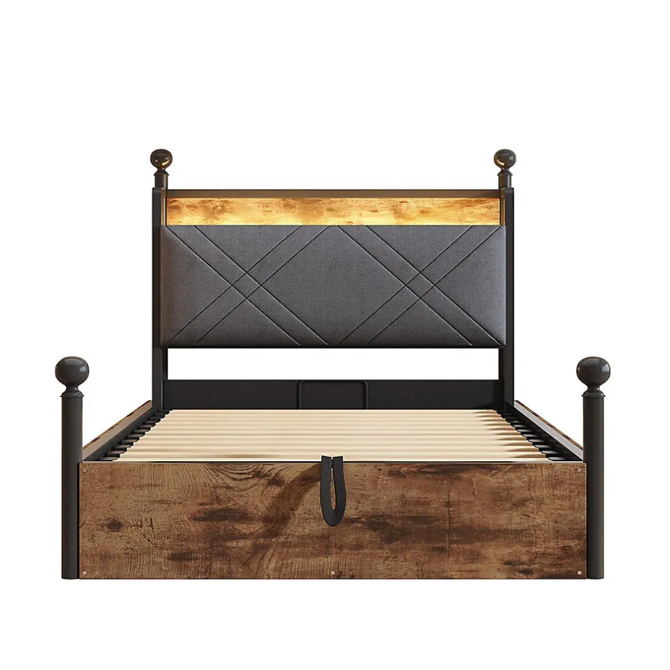 Enfant Blackcolors Lit fer forgé 90x190 cm, rangement hydraulique, baldaquin, LED/USB - noir