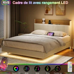 Fortuna lai Lit Flottant 140x190 Cm Avec Éclairage LED Et Chargement USB, Rangement Caché, Blanc