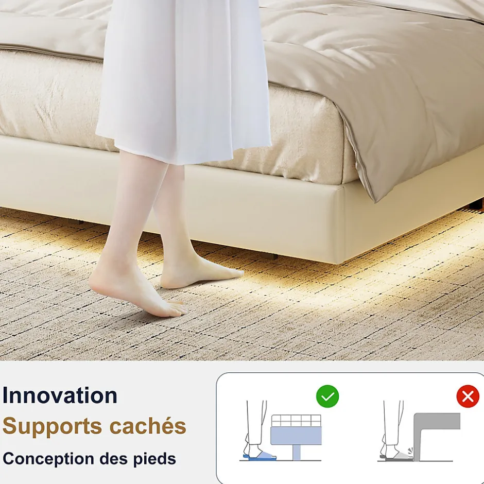 Fortuna lai Lit Flottant 140x190 Cm Avec Éclairage LED Et Chargement USB, Rangement Caché, Blanc