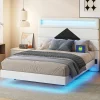 ProximaX Lit flottant 140x190 cm avec LED, 2 ports USB, cadre avec sommier à lattes, tête de lit, pour 2 personnes, blanc et noir