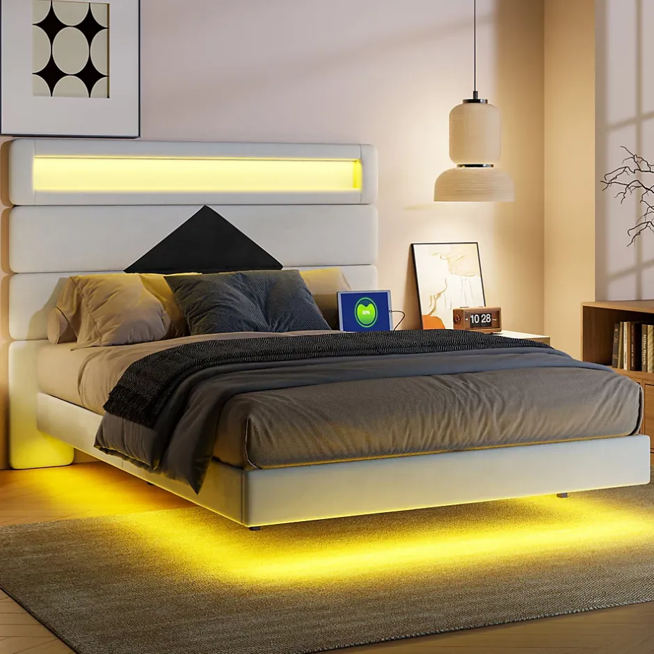ProximaX Lit flottant 140x190 cm avec LED, 2 ports USB, cadre avec sommier à lattes, tête de lit, pour 2 personnes, blanc et noir