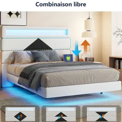 ProximaX Lit flottant 140x190 cm avec LED, 2 ports USB, cadre avec sommier à lattes, tête de lit, pour 2 personnes, blanc et noir