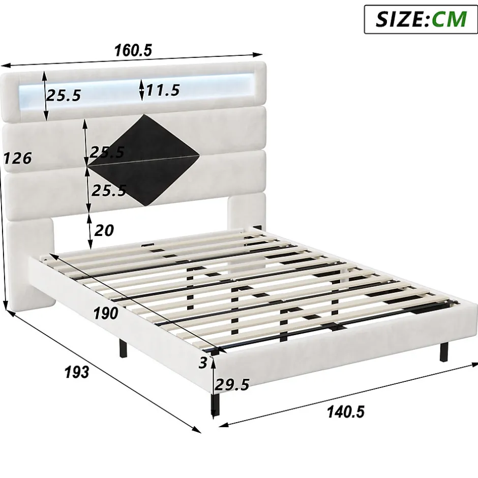 ProximaX Lit flottant 140x190 cm avec LED, 2 ports USB, cadre avec sommier à lattes, tête de lit, pour 2 personnes, blanc et noir