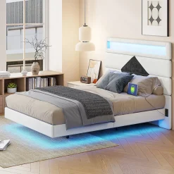 ProximaX Lit flottant 140x190 cm avec LED, 2 ports USB, cadre avec sommier à lattes, tête de lit, pour 2 personnes, blanc et noir