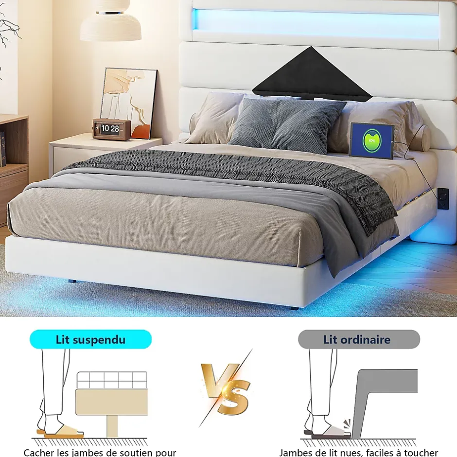 ProximaX Lit flottant 140x190 cm avec LED, 2 ports USB, cadre avec sommier à lattes, tête de lit, pour 2 personnes, blanc et noir