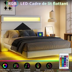 ProximaX Lit flottant 140x190 cm avec LED, 2 ports USB, cadre avec sommier à lattes, tête de lit, pour 2 personnes, blanc et noir