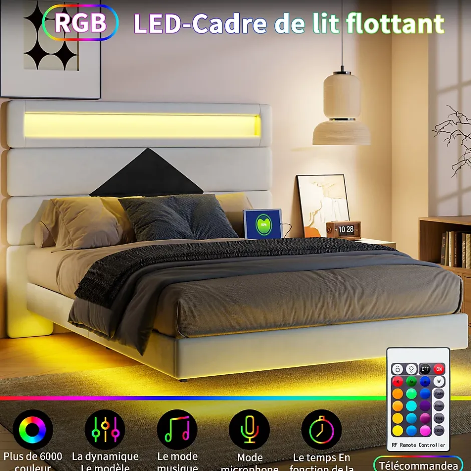 ProximaX Lit flottant 140x190 cm avec LED, 2 ports USB, cadre avec sommier à lattes, tête de lit, pour 2 personnes, blanc et noir