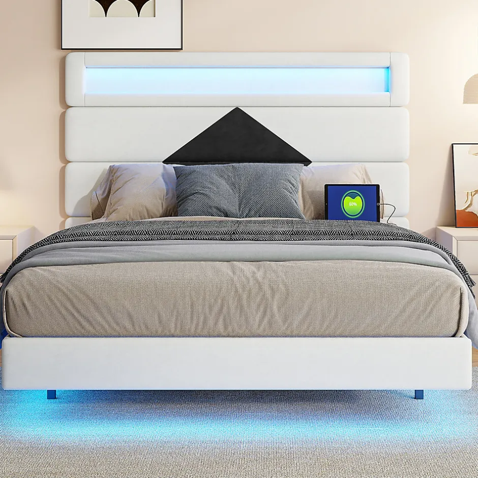 ProximaX Lit flottant 140x190 cm avec LED et 2 ports USB, cadre avec sommier à lattes, tête de lit incluse, design blanc et noir