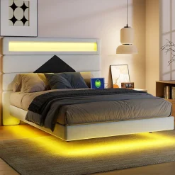 ProximaX Lit flottant 140x190 cm avec LED et 2 ports USB, cadre avec sommier à lattes, tête de lit incluse, design blanc et noir