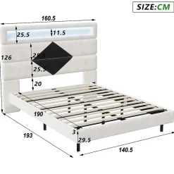ProximaX Lit flottant 140x190 cm avec LED et 2 ports USB, cadre avec sommier à lattes, tête de lit incluse, design blanc et noir