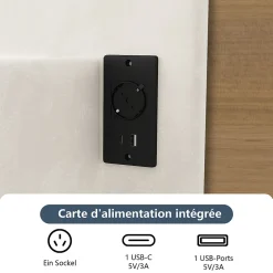 ProximaX Lit flottant 140x190 cm avec LED et 2 ports USB, cadre avec sommier à lattes, tête de lit incluse, design blanc et noir