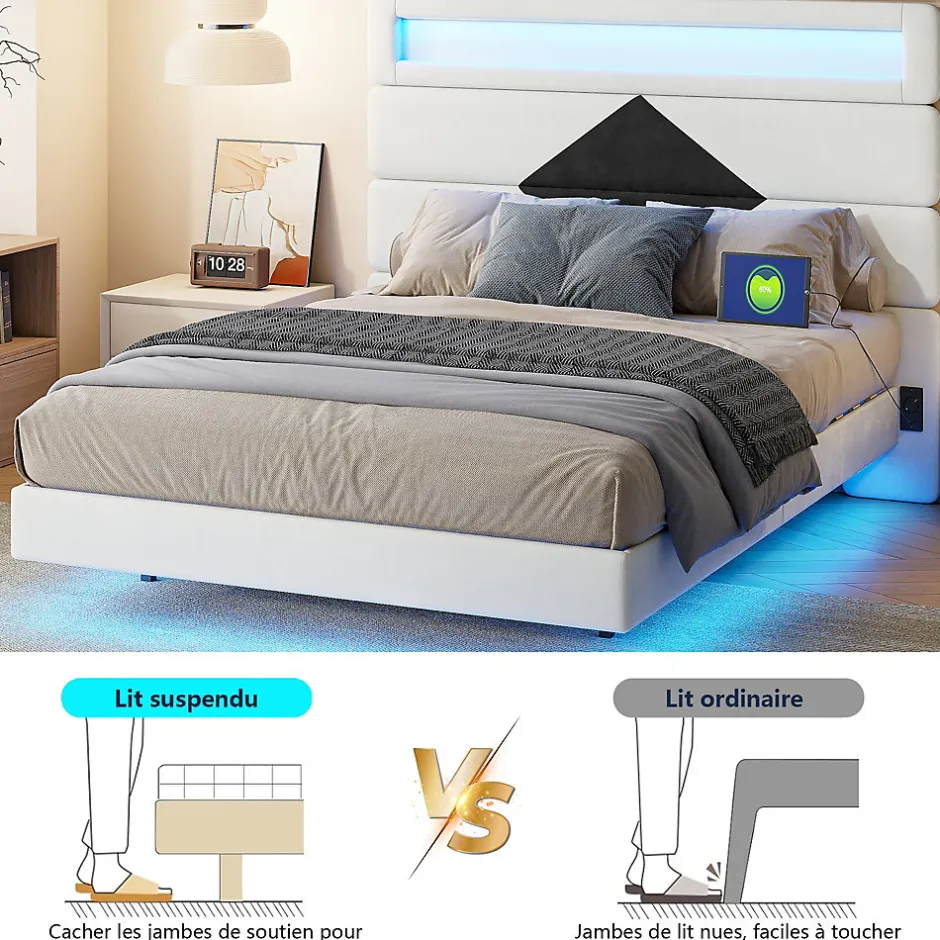 ProximaX Lit flottant 140x190 cm avec LED et 2 ports USB, cadre avec sommier à lattes, tête de lit incluse, design blanc et noir