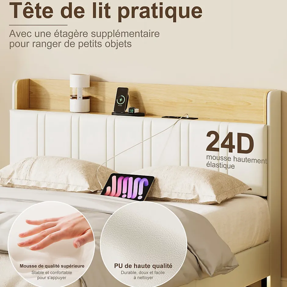 ProximaX Lit flottant 140x200 cm blanc PU + bois clair, rangement tiroir, éclairage LED sous lit, double port USB, poche latérale