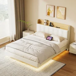 ProximaX Lit flottant 140x200 cm blanc PU + bois clair, rangement tiroir, éclairage LED sous lit, double port USB, poche latérale