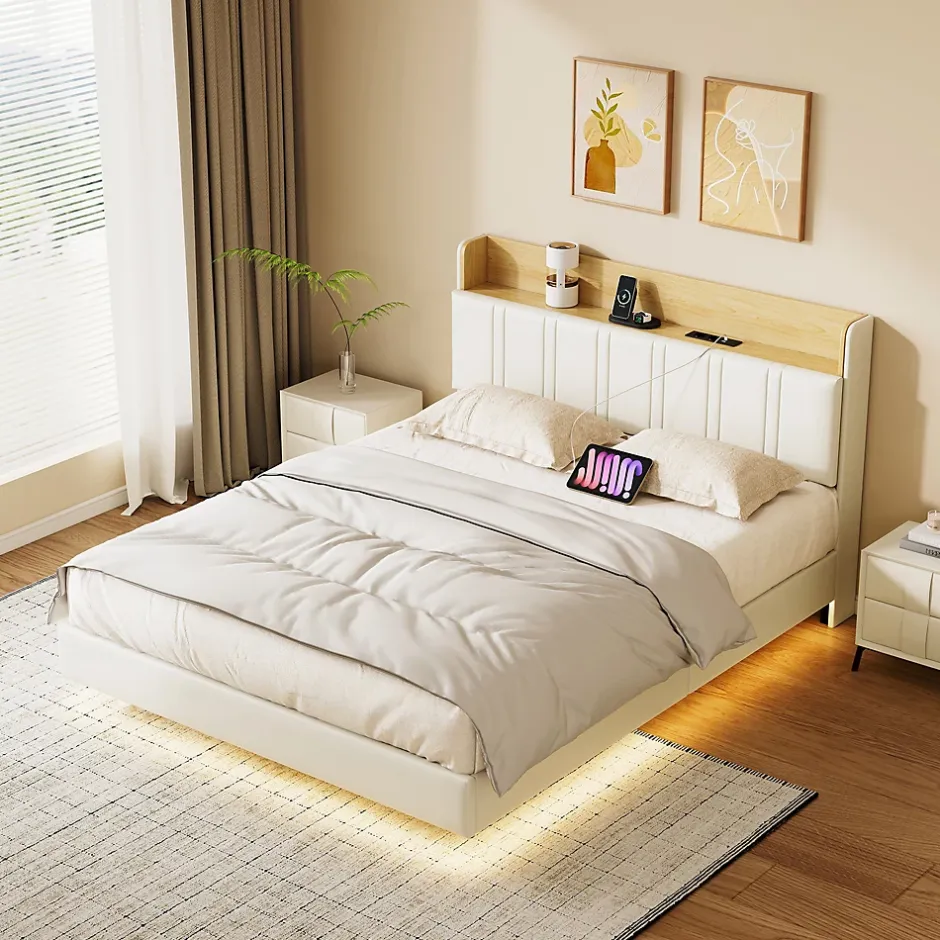 ProximaX Lit flottant 140x200 cm blanc PU + bois clair, rangement tiroir, éclairage LED sous lit, double port USB, poche latérale