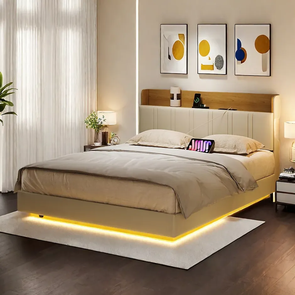 ProximaX Lit flottant 140x200 cm blanc PU + bois clair, rangement tiroir, éclairage LED sous lit, double port USB, poche latérale