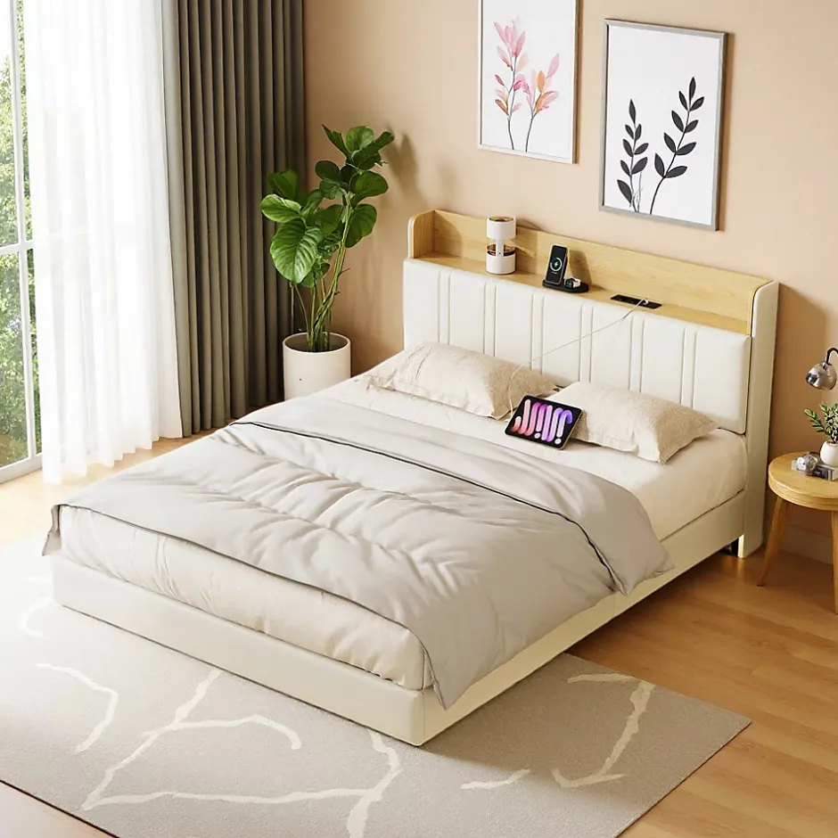 ProximaX Lit flottant 140x200 cm blanc PU + bois clair, rangement tiroir, éclairage LED sous lit, double port USB, poche latérale
