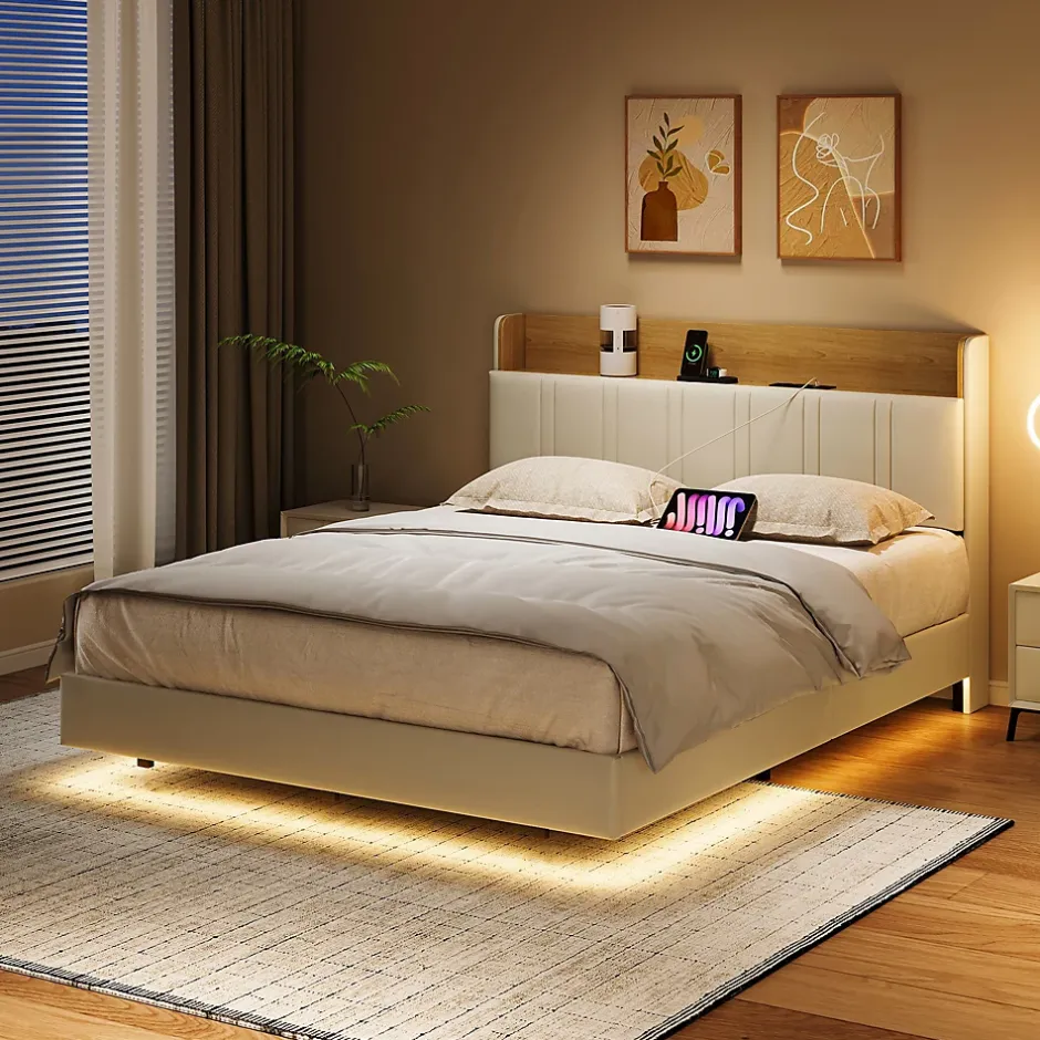 ProximaX Lit flottant 140x200 cm blanc PU + bois clair, rangement tiroir, éclairage LED sous lit, double port USB, poche latérale