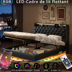 Simple Life Lit flottant 160x200 cm en polyuréthane avec LED tête et corps, rangement tête de lit rembourrée, prise EU, design moderne.