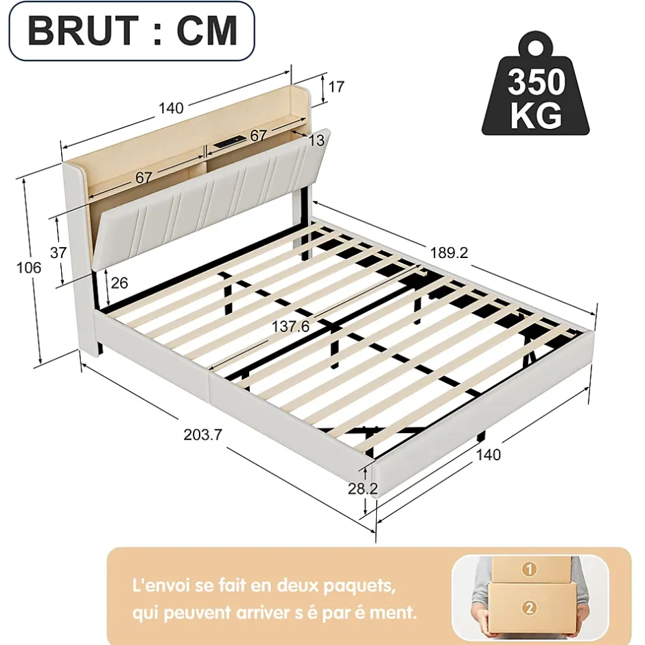 Simple Life Lit flottant 140x190 cm, rembourré, LED, USB, PU, Blanc Online