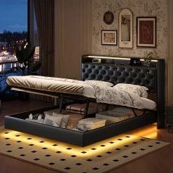 ProximaX Lit flottant 160x200cm en PU avec LED tête & corps, rangement tête de lit rembourrée & prise EU, Design moderne et pratique